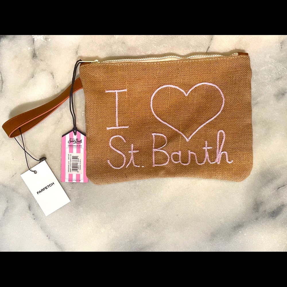 NWT MC2 Saint Barth! Pink I ❤️ St.Barth clutch with wrist strap .